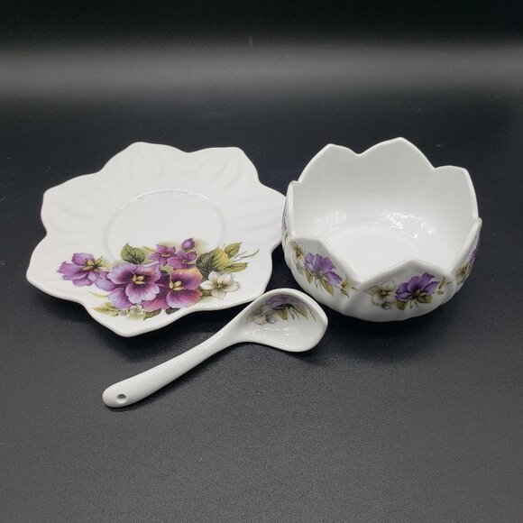 Inspiration Earthenware Purple White Pansies 3pc Condiment Set - Picture 2 of 11